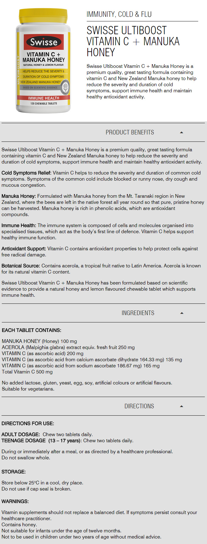  [스위스] 비타민C + 마누카허니 120정