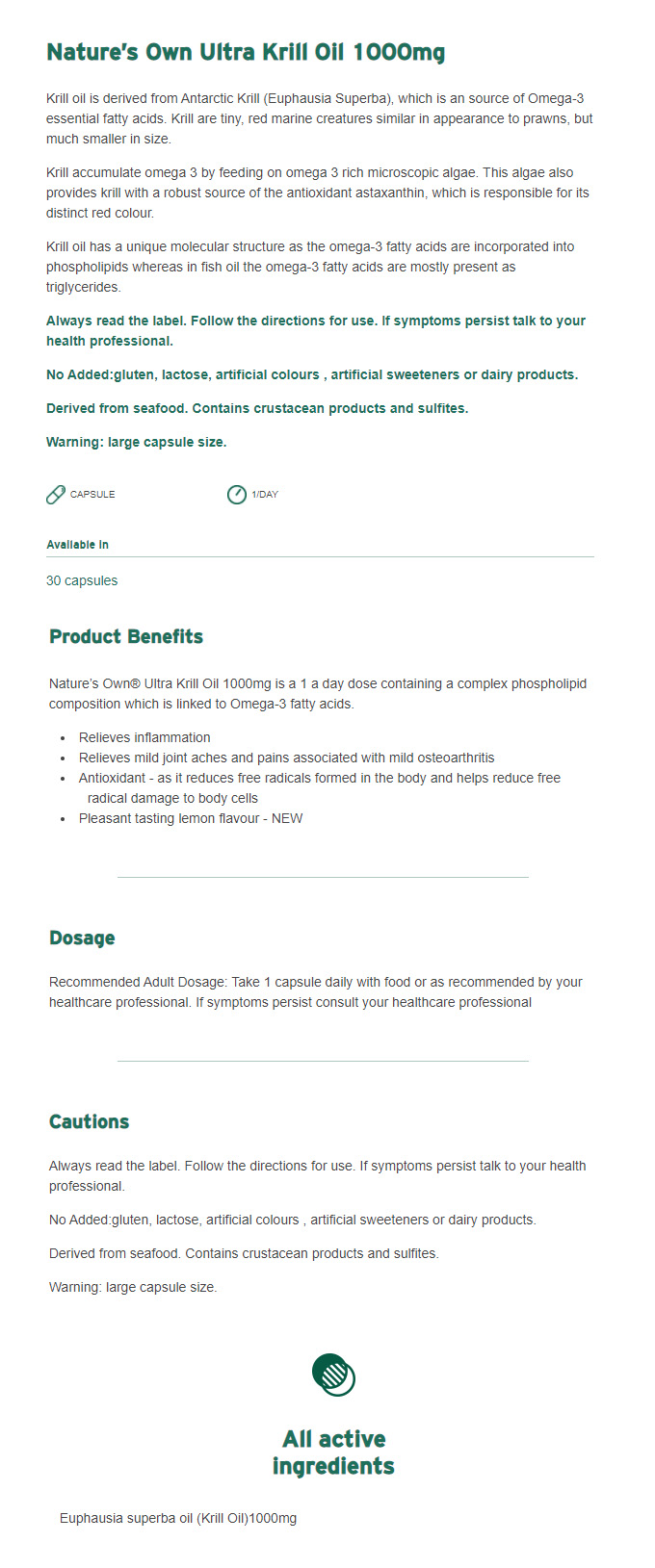  [네이쳐스온] 울트라 크릴 오일 1000mg 30캡슐