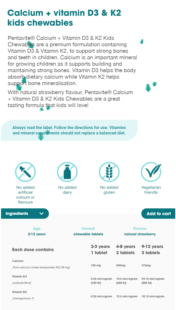   [펜타바이트] 키즈 칼슘 + 비타민D3 & K2 츄어블 60정
